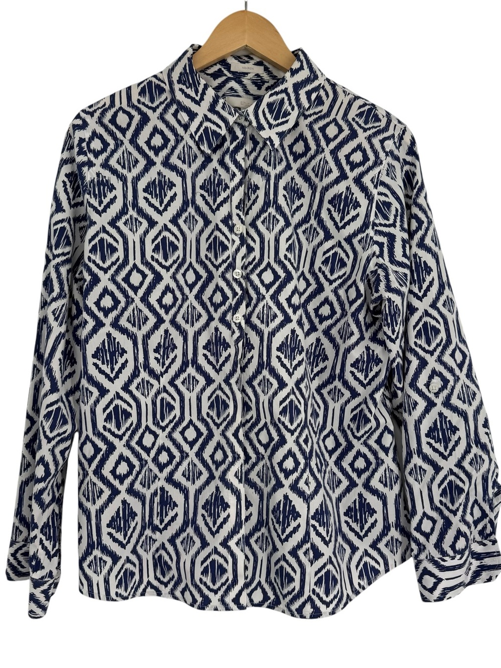 Chico's No-iron Button Front Cotton Size 2(L) Long Sleeve Top Blue Geometric